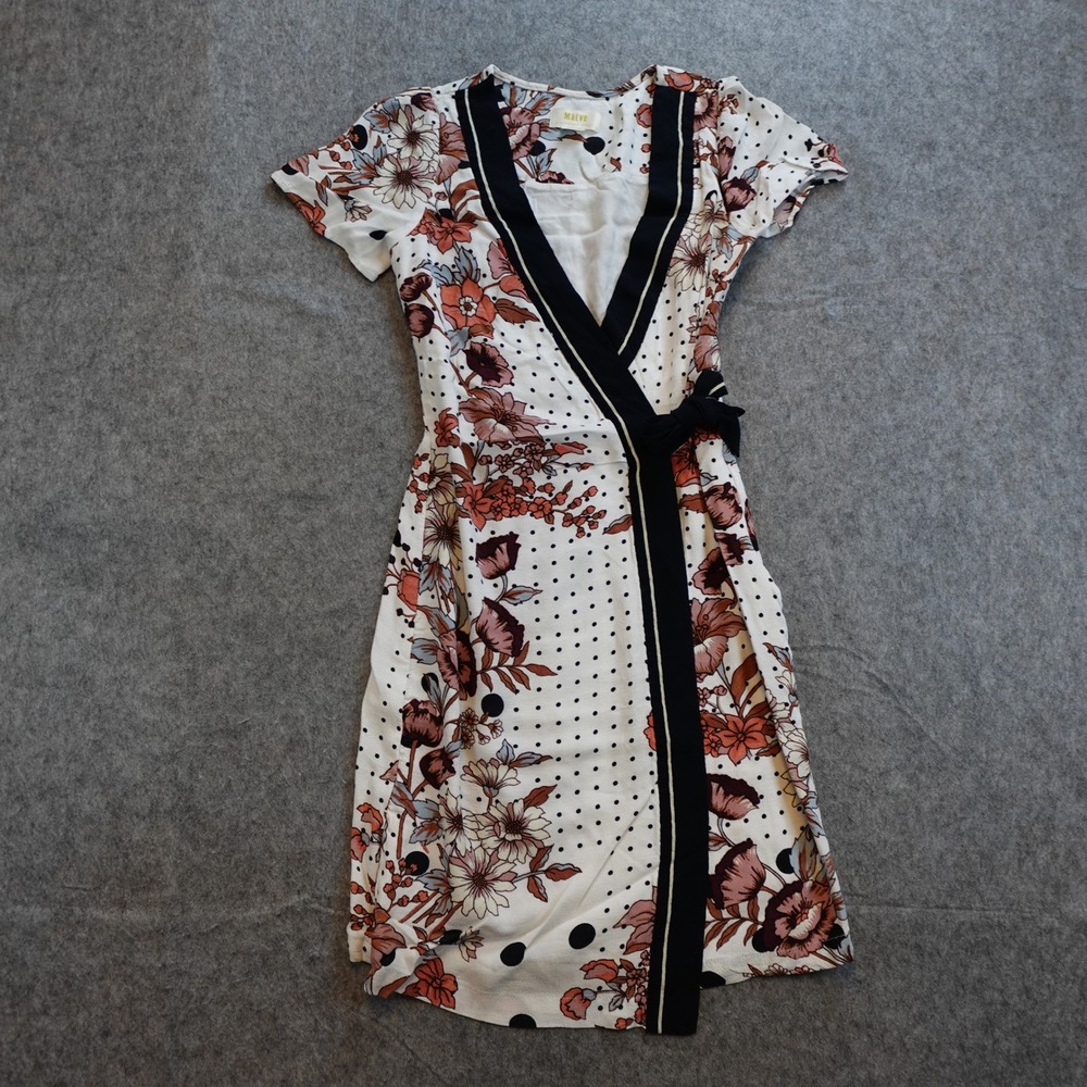 Anthropologie White Floral Wrap Mini Dress with Black Trim